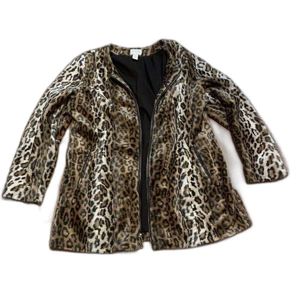 Chico’s Leopard Print Fuzzy Zip-Up Sweater Chic Teddy Soft Plush Animal Print